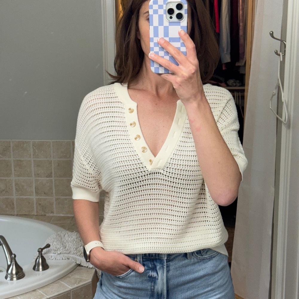Varley Cream Crocheted V-Neck Sweater with Button Placket